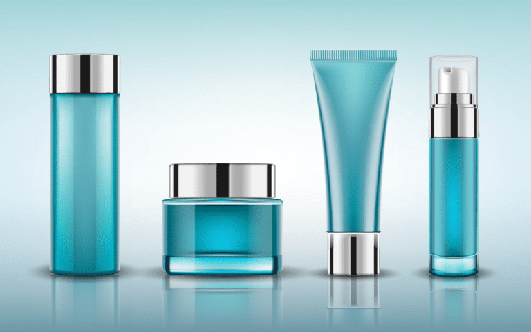 Four skincare products in shades of blue, including a bottle, jar, tube, and pump, showcasing a sleek and modern design, ideal for promoting beauty routines.